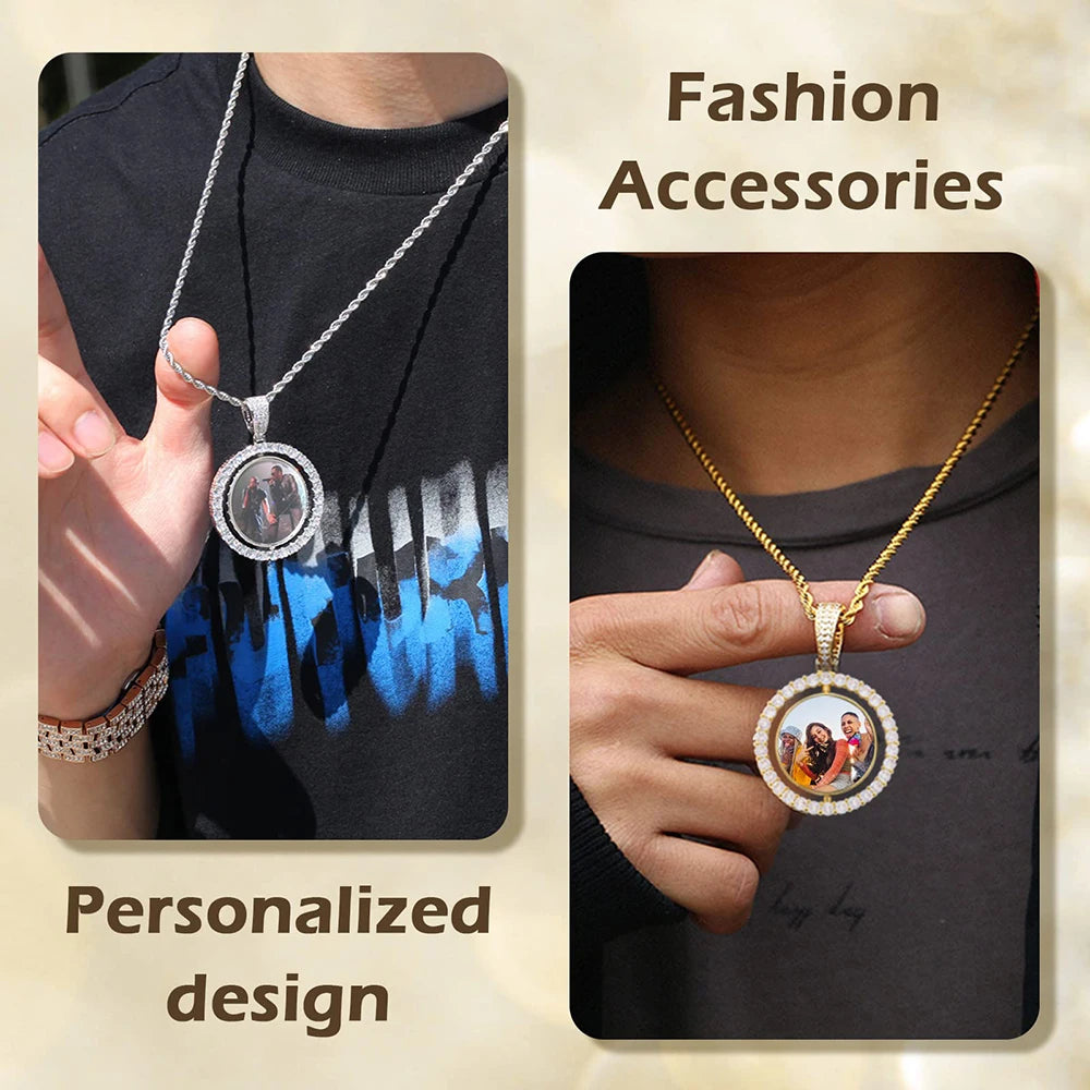 Custom Rotating Double Sides Photo Medallions Pendant Necklace Iced out Circle Photo Chain Pendant Couple Valentine's Day gift