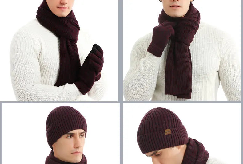 Men's Autumn Winter Keep Warm Set Beanie Gloves Scarf Male Woolen Yarn Knitted Muffler Spring Fall Hat Solid Color Neckerchief