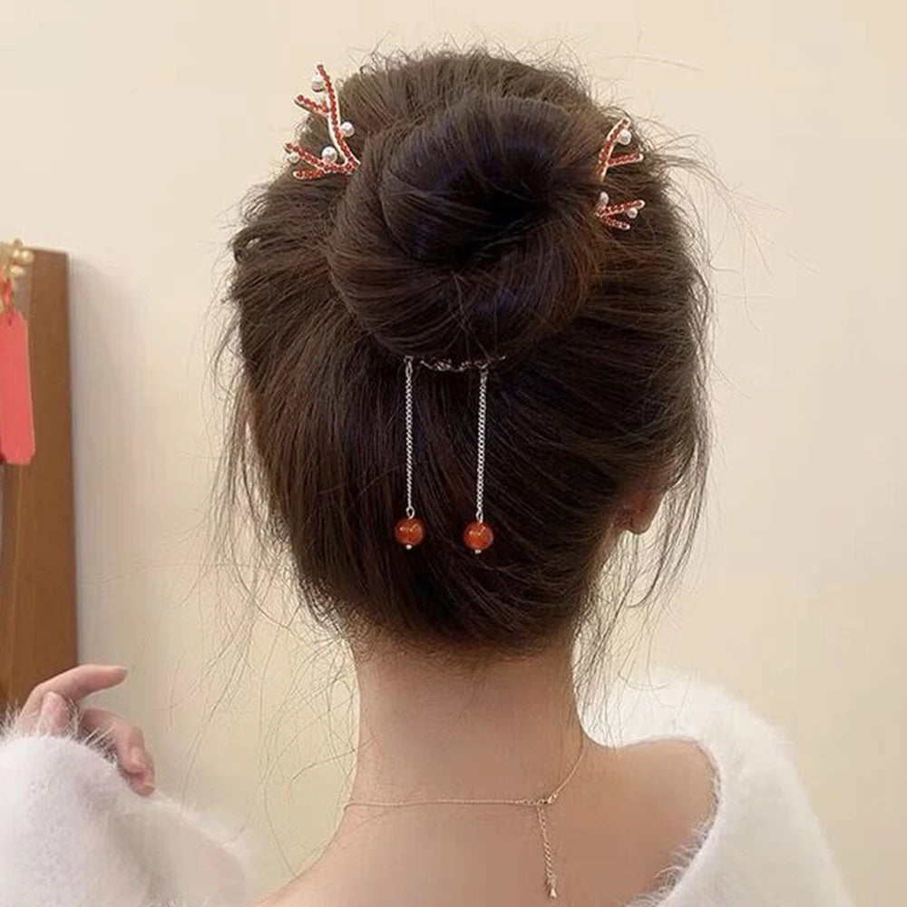 Haimeikang New Festival Hairpin – Christmas Elk Horn Tassel Ponytail Button Hair Clip for Girls and Women, Golden Fashion Hair Accessories