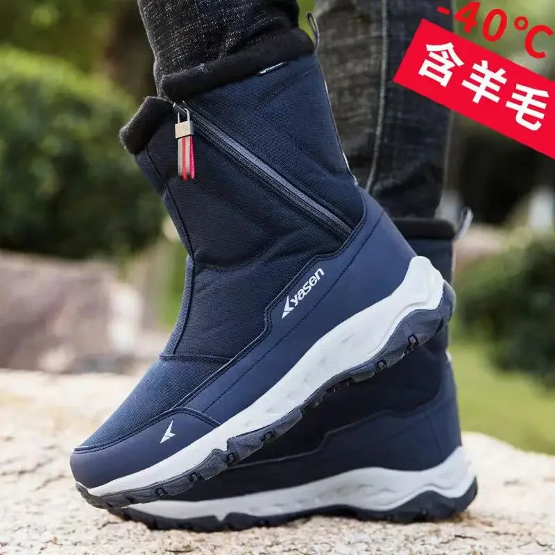 Mens Boots Waterproof Cotton Man Shoes High Top Boots Plush Winter Snow Boots Slip-On Non-slip Outdoor Male Hiking Shoes for Men