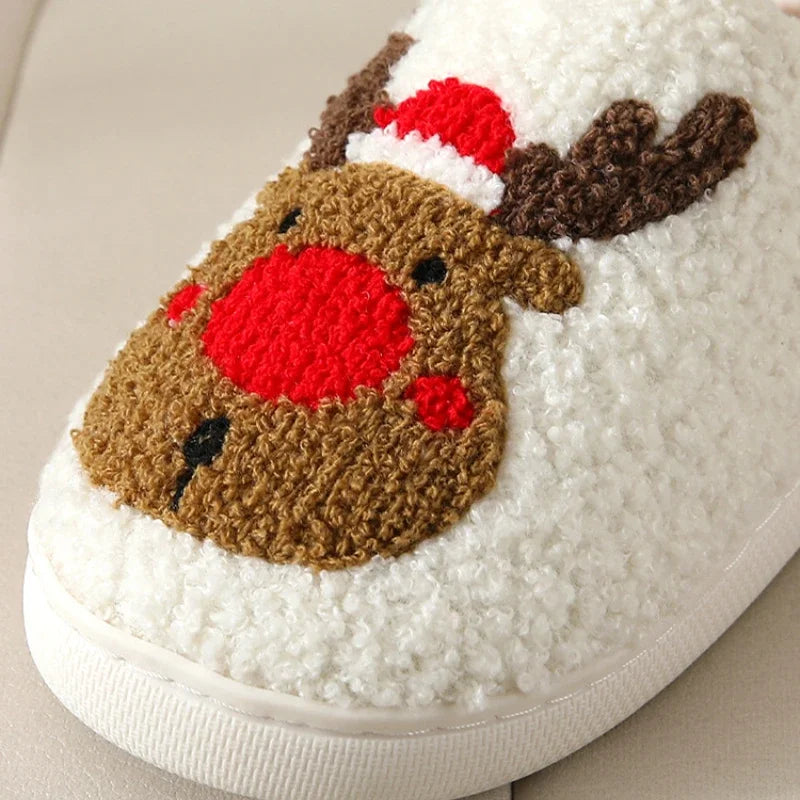 Christmas Elk Cotton Slippers for Couples – Cute Cartoon Non-Slip Indoor Plush Slippers for Women and Men, Warm Winter Floor Slides