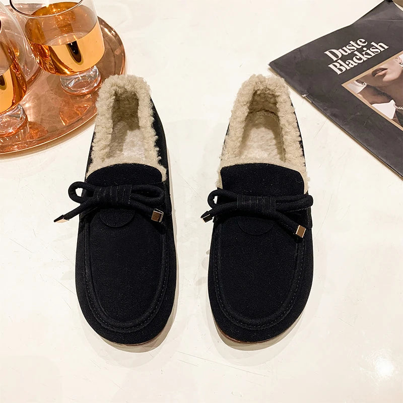 Winter Women Fur Shoes Warm Low Top Suede Furry Flats Loafers Fluffy Home Cotton Shoes Female Casual Comfortable Plush Shoes 41