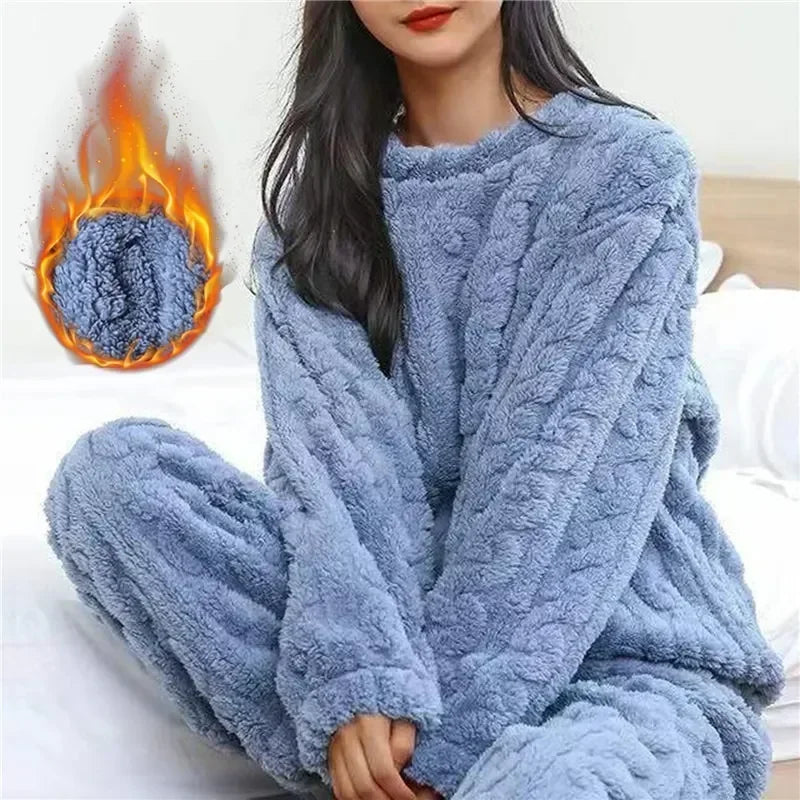 2 Sleepwear Women Piece Suit New Fleece Pajamas Night Warm Home Solid Fluffy Velvet Set Piiama Pant Wear Winter Casual O-neck