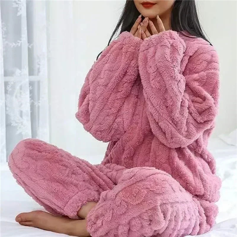 2 Sleepwear Women Piece Suit New Fleece Pajamas Night Warm Home Solid Fluffy Velvet Set Piiama Pant Wear Winter Casual O-neck