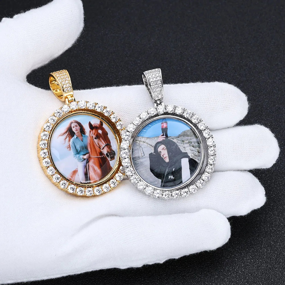 Custom Rotating Double Sides Photo Medallions Pendant Necklace Iced out Circle Photo Chain Pendant Couple Valentine's Day gift