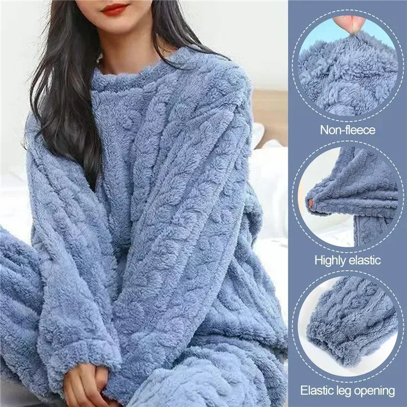 2 Sleepwear Women Piece Suit New Fleece Pajamas Night Warm Home Solid Fluffy Velvet Set Piiama Pant Wear Winter Casual O-neck