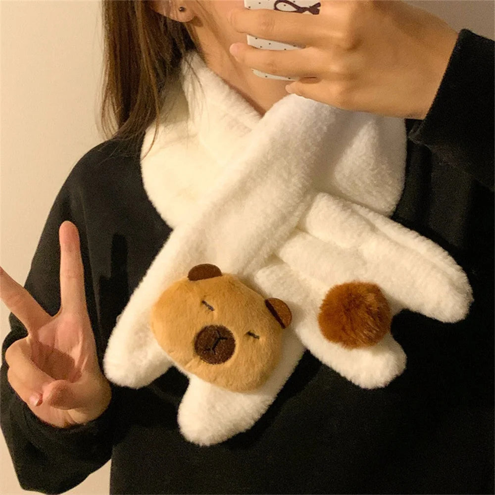 Women Girls Capybara Plush Gloves Fashion Cycling Neck Warmers Neck Scarf Windproof Mittens  Driving Running Accessories