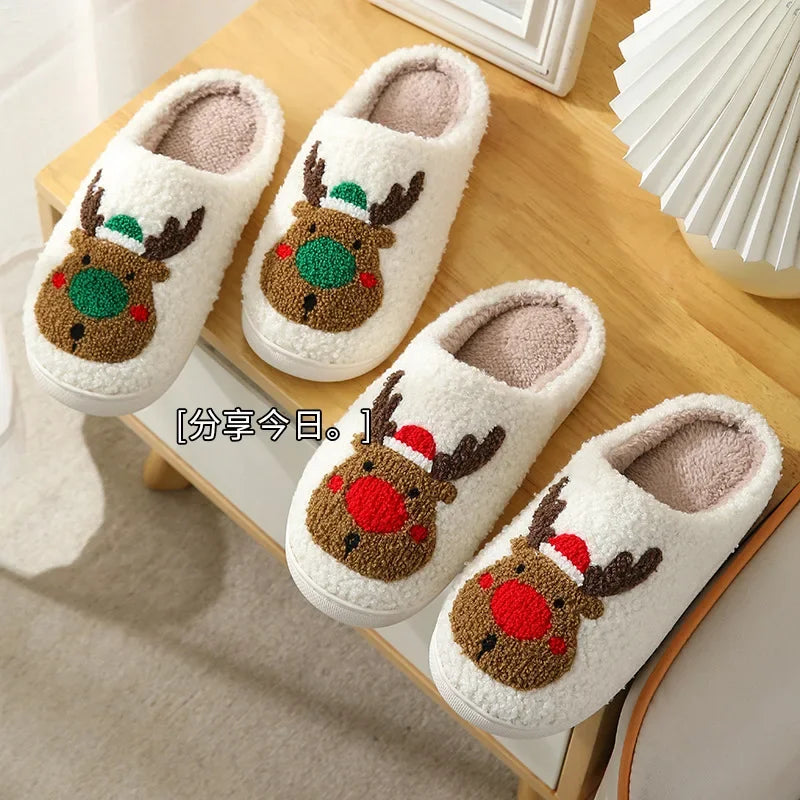 Christmas Elk Cotton Slippers for Couples – Cute Cartoon Non-Slip Indoor Plush Slippers for Women and Men, Warm Winter Floor Slides