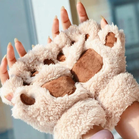 Winter Cat Paw Gloves – Cute Cartoon Open-Finger Design, Thickened Fluffy Bear Paw Half Gloves for Girls, Warm and Cozy