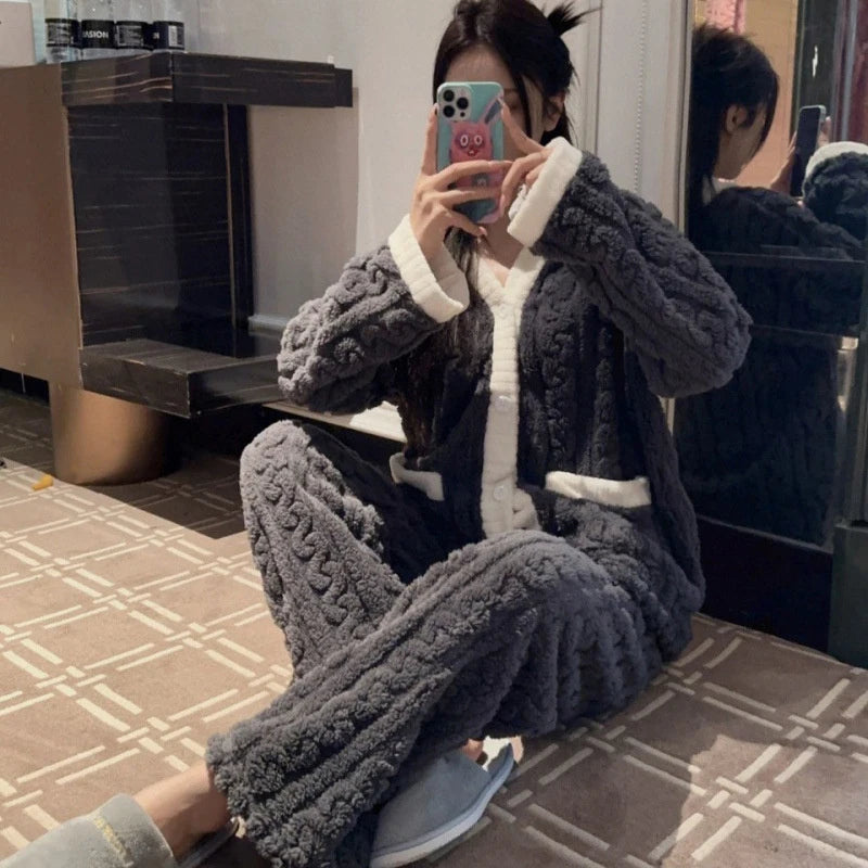 2Pcs/Set Women Warm Loungewear Set Autumn Winter Thickened Plush Thermal Pajamas Set Coral Fleece Homewear Set