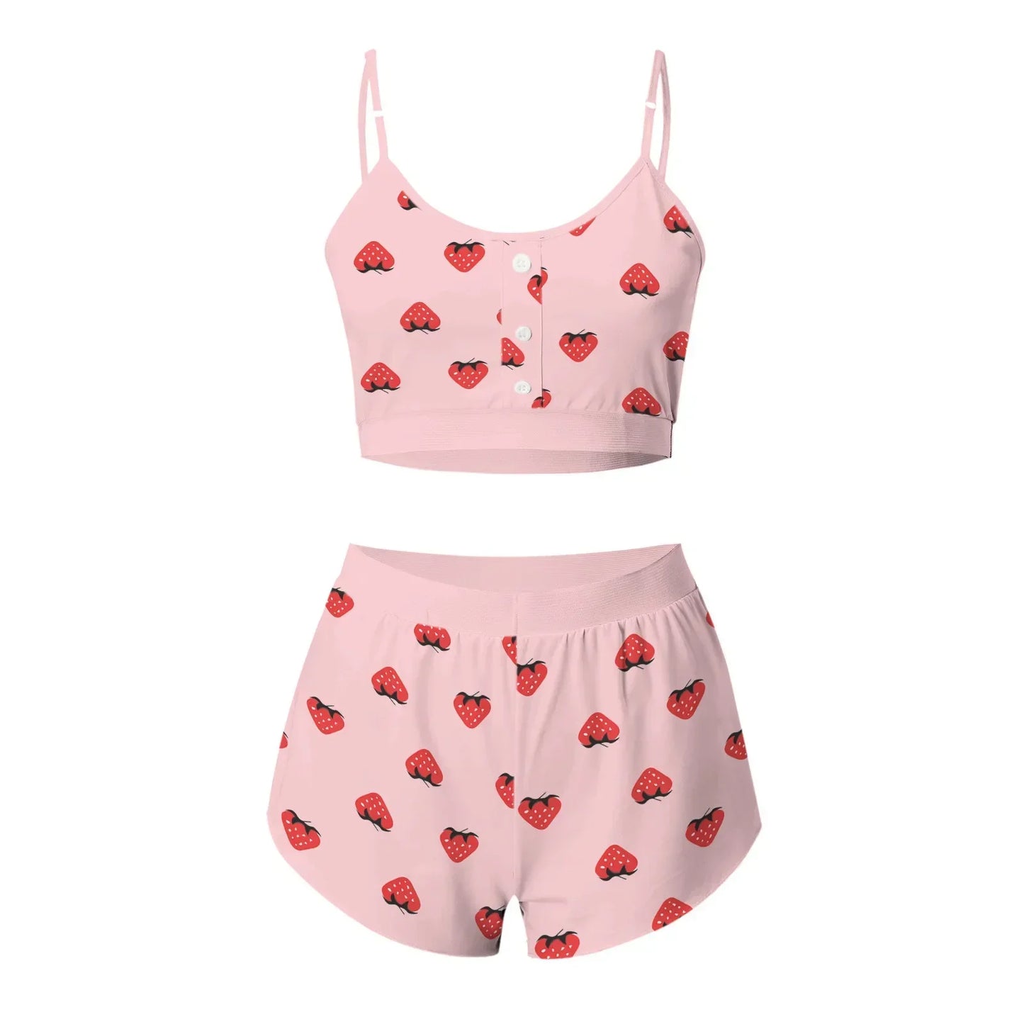 Summer 2-Piece Pajama Set Women Sleepwear Strawberry Printed Lace Sling Crop Tops and Shorts Home Clothes Loungewear Pijamas