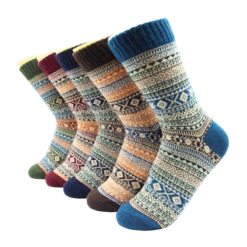 5 Pairs of Winter Warm Socks for Women – Thick Thermal Wool & Cashmere Snow Socks, Stylish Euramerican National Knit Design"