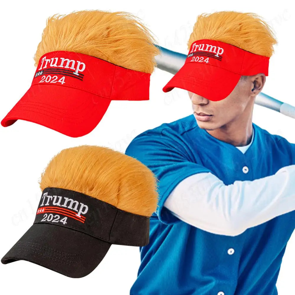 Trump 2024 Hat with Hair Embroidered Baseball Cap Funny Wigs Half Hat Adjustable Yellow Wig Hat Breathable for Outdoor Sports