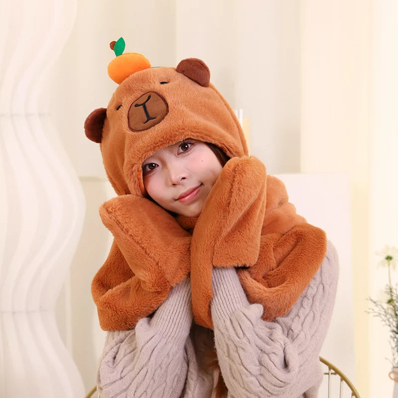 Cartoon High Quality New Capybara Plush Hat Scarf Gloves 3-in-1 Elk Creative Super Soft Warm Christmas Gift For Boys And Girls