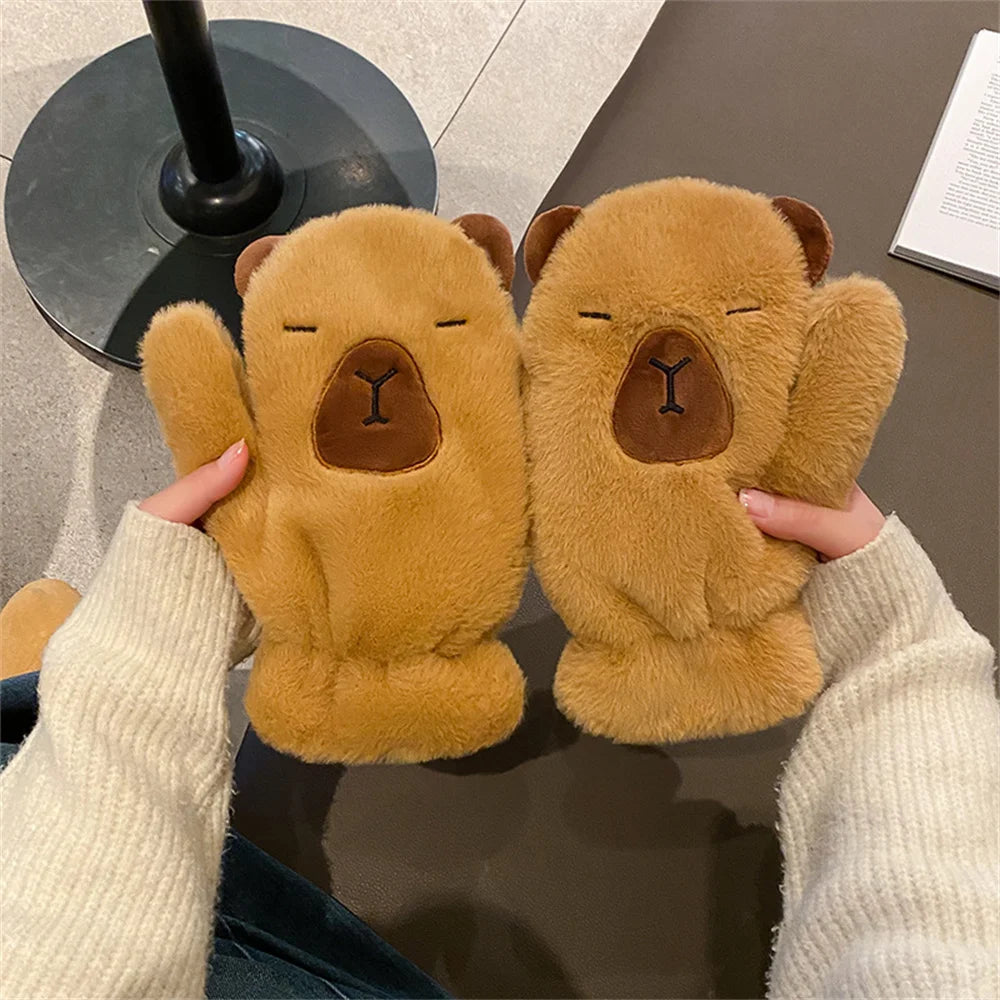 Women Girls Capybara Plush Gloves Fashion Cycling Neck Warmers Neck Scarf Windproof Mittens  Driving Running Accessories