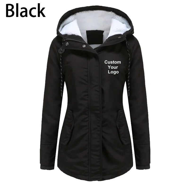 Women Fashion Custom Your Logo Jacket Winter Warm Lined Jacket Coat Casual Hooded Outwear Parka Jacket with Pockets