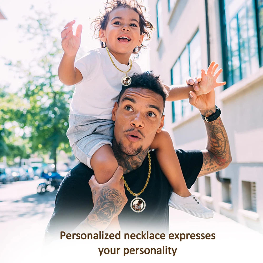 Custom Rotating Double Sides Photo Medallions Pendant Necklace Iced out Circle Photo Chain Pendant Couple Valentine's Day gift