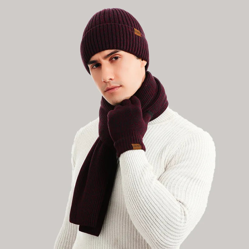 Men's Autumn Winter Keep Warm Set Beanie Gloves Scarf Male Woolen Yarn Knitted Muffler Spring Fall Hat Solid Color Neckerchief