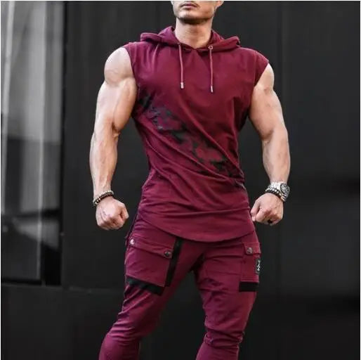 Men's leisure sports vest fitness show muscle men's sports leisure running training clothes sleeveless hooded vest outdoor stree