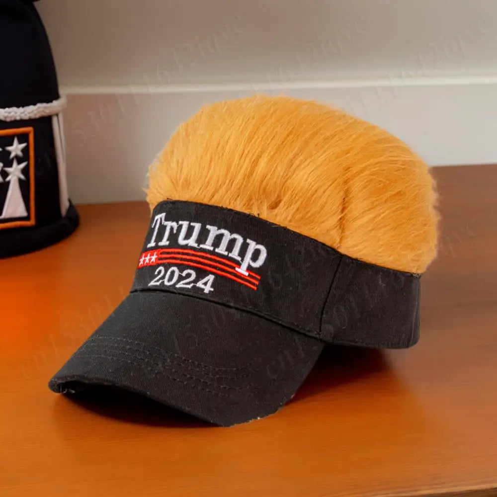 Trump 2024 Hat with Hair Embroidered Baseball Cap Funny Wigs Half Hat Adjustable Yellow Wig Hat Breathable for Outdoor Sports