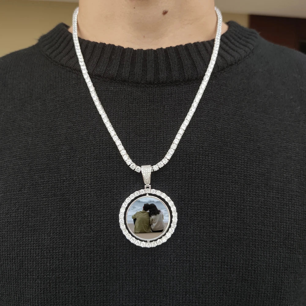 Custom Rotating Double Sides Photo Medallions Pendant Necklace Iced out Circle Photo Chain Pendant Couple Valentine's Day gift