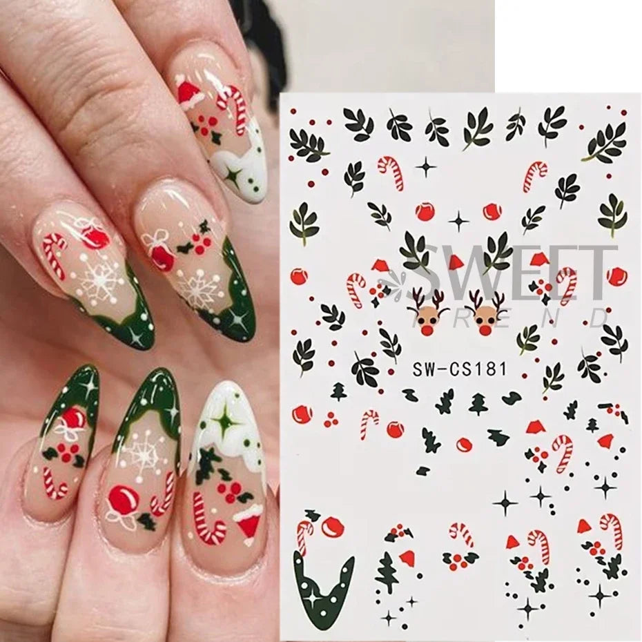 3D Christmas Snowman Nail Art Stickers – Snowflake and Green Leaves Self-Adhesive DIY Winter Decals for Festive Manicure Decoration