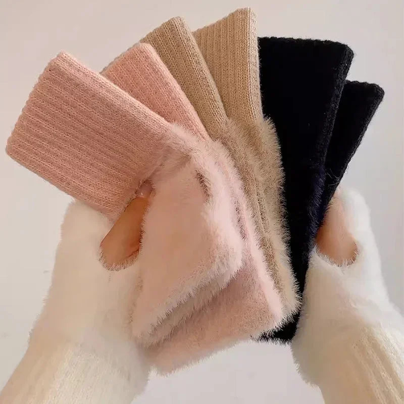 1 Pair of Mink Fleece Soft Winter Half-Finger Gloves for Women – Warm, Luxury Plush Knitted Fingerless Wrist Mittens for Comfort and Style"