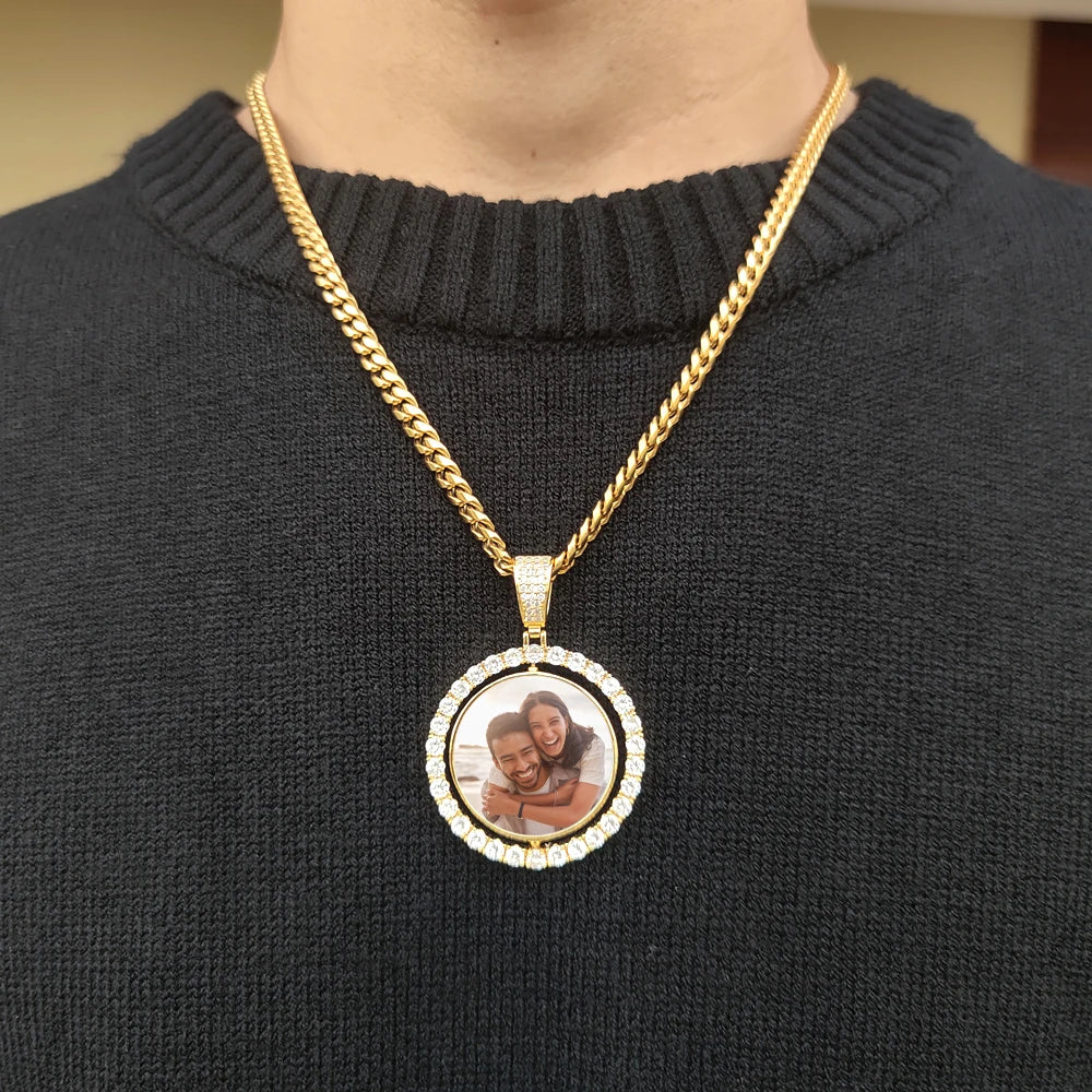 Custom Rotating Double Sides Photo Medallions Pendant Necklace Iced out Circle Photo Chain Pendant Couple Valentine's Day gift