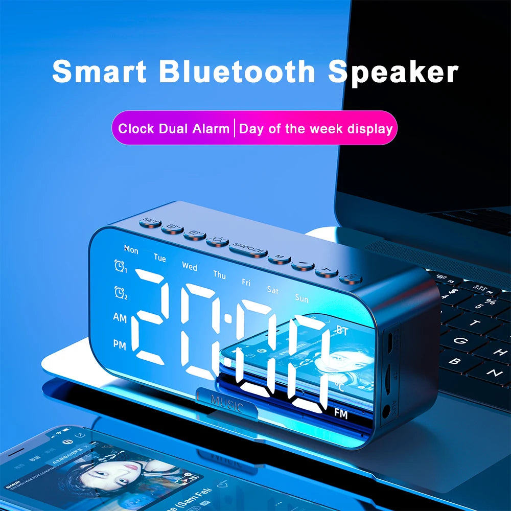 Bluetooth Speaker with LED Mirror Screen Digital Dual Alarm Clock with FM Radio Phone Holder Temperature For Bedroom Office