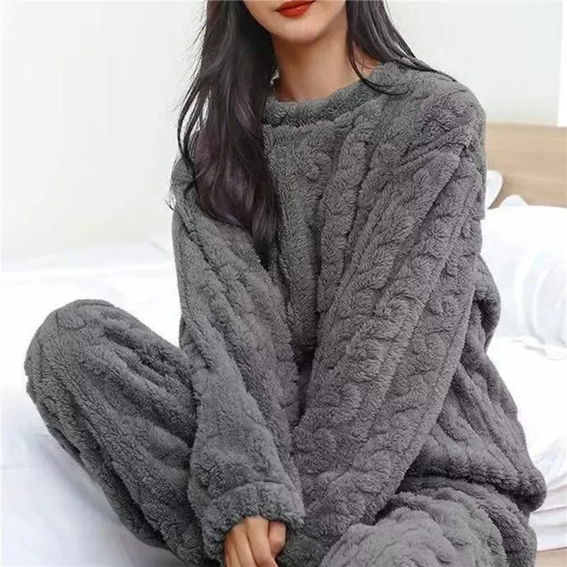 2 Sleepwear Women Piece Suit New Fleece Pajamas Night Warm Home Solid Fluffy Velvet Set Piiama Pant Wear Winter Casual O-neck