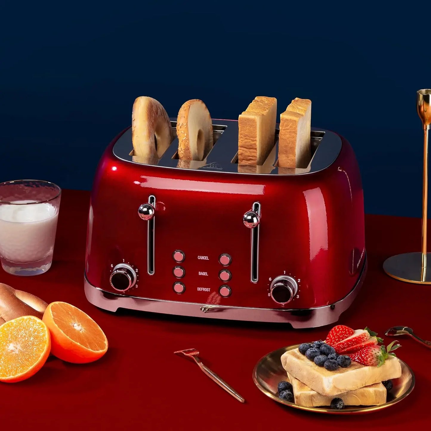 4 Slice Toaster Retro Stainless Steel Toasters with Bagel Defrost Cancel Function 6 Browning Settings Extre Wide Slot Red