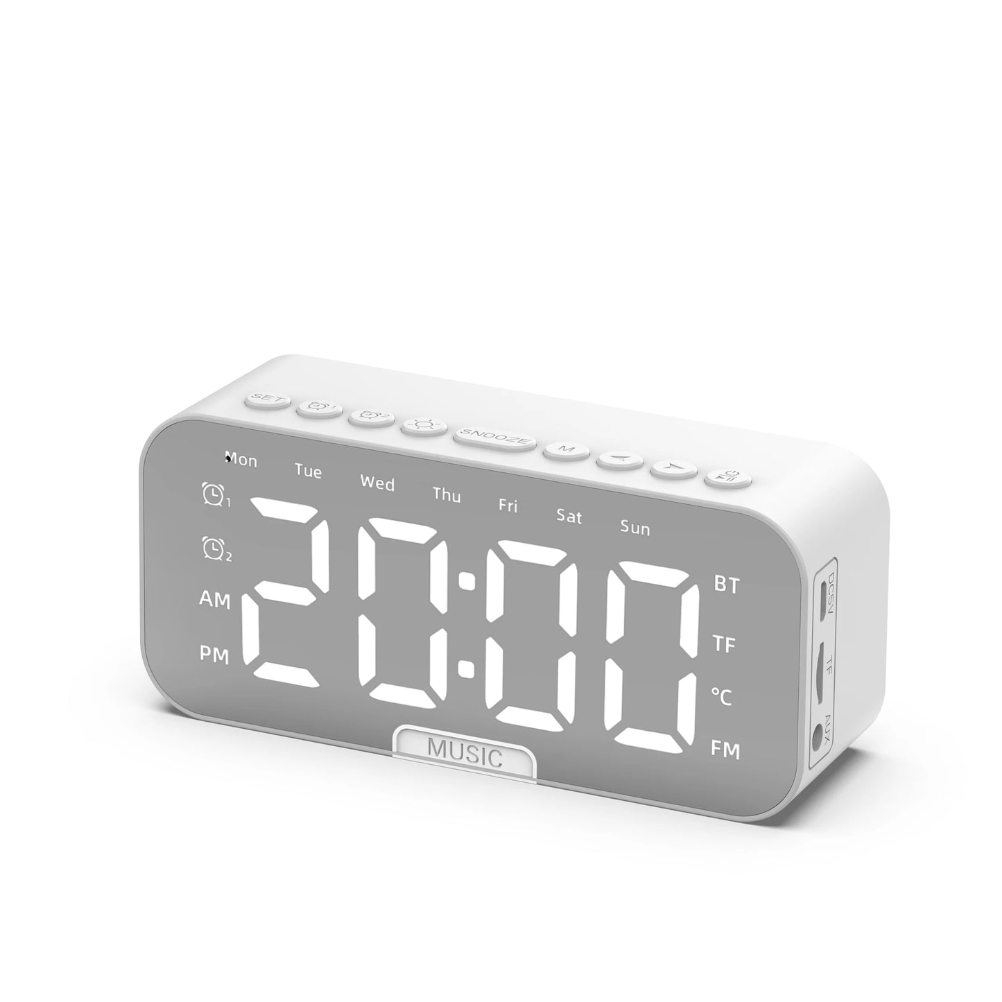 Bluetooth Speaker with LED Mirror Screen Digital Dual Alarm Clock with FM Radio Phone Holder Temperature For Bedroom Office