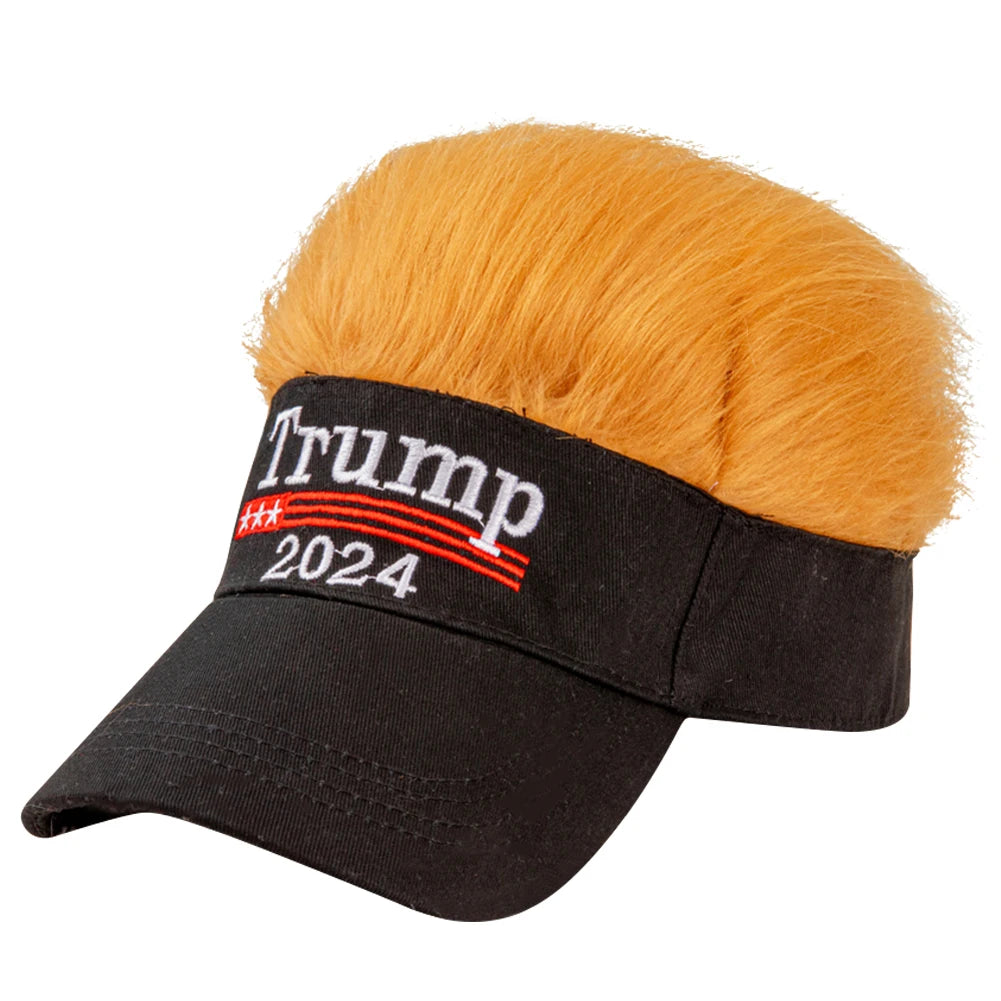 Trump 2024 Hat with Hair Embroidered Baseball Cap Funny Wigs Half Hat Adjustable Yellow Wig Hat Breathable for Outdoor Sports