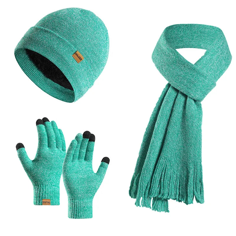 Fashion Plush Knitted Hat, Scarf, Gloves for Men and Women Winter Warm Woolen Yarn Three Piece Set Clothing Accessories Gift