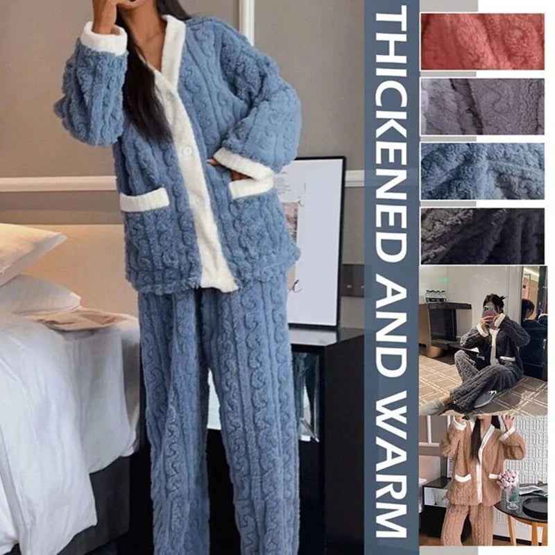 2Pcs/Set Women Warm Loungewear Set Autumn Winter Thickened Plush Thermal Pajamas Set Coral Fleece Homewear Set