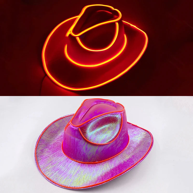 Hot Cowgirl Hat Men and Women's EL Wire Glow Cowboy Hat Wedding Party Supplies Glowing Jazz Hat Stage Shining Caps Photo Props