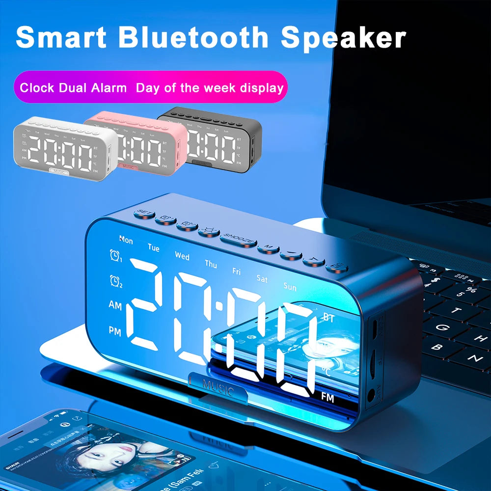 Bluetooth Speaker with LED Mirror Screen Digital Dual Alarm Clock with FM Radio Phone Holder Temperature For Bedroom Office