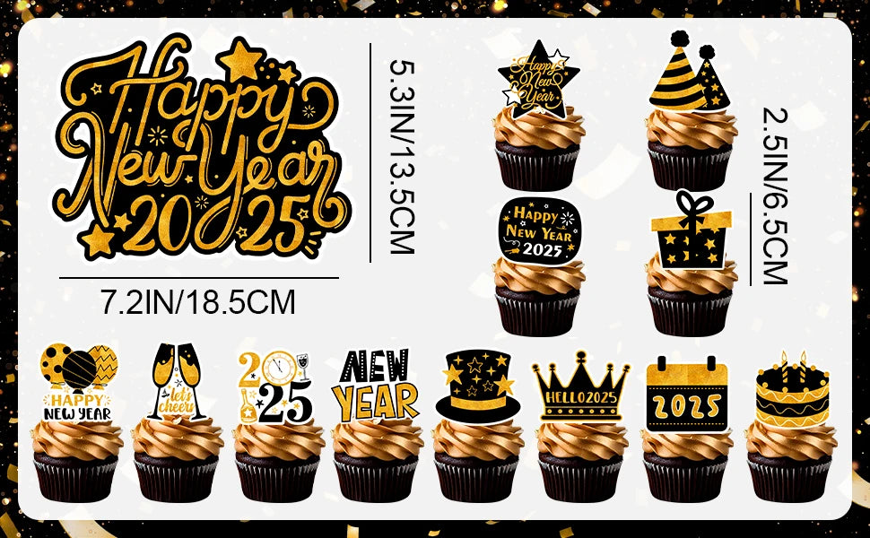 Happy New Year Cake Topper,13pcs Happy New Year 2025 Cupcake Toppers/2025 New Year's Cupcake Toppers&2025 Cake Topper