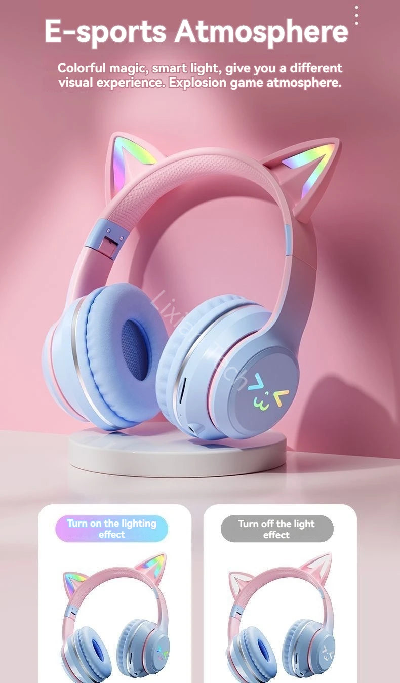 RGB Glow Portable Headphones Blutooth Controllable Light Cat Ear Noise Reduction Wireless Headphone Bluetooth Earphones Pc Gamer