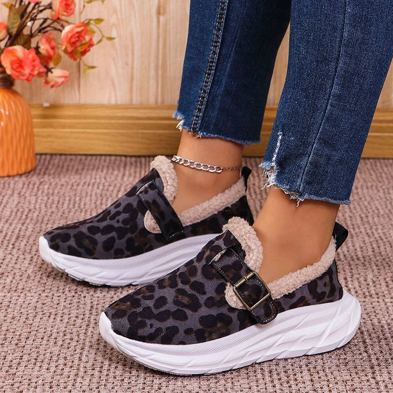 Fashion Leopard Print Wedges Sneakers Women's Faux Wool Lined Thick Sole Sport Shoes Winter New Shallow Running Shoes Mujer