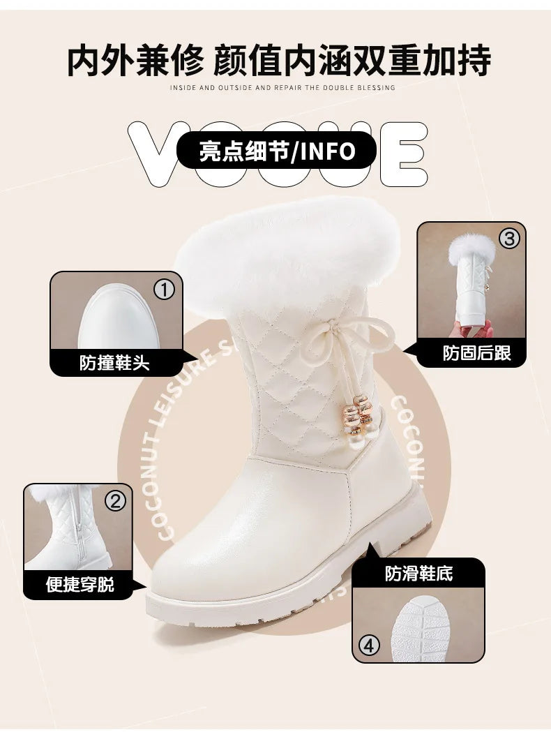 Winter Girl Boots Fashion Versatile Long Tube Boot Comfort Casual Cotton Boots Warm Princess Girl Shoe Velvet Simple Snow Boot