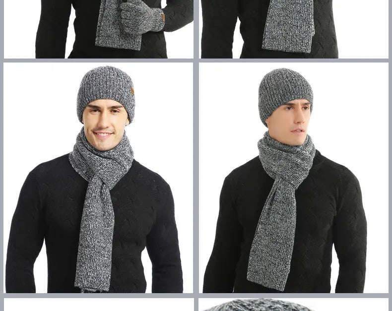 Men's Autumn Winter Keep Warm Set Beanie Gloves Scarf Male Woolen Yarn Knitted Muffler Spring Fall Hat Solid Color Neckerchief