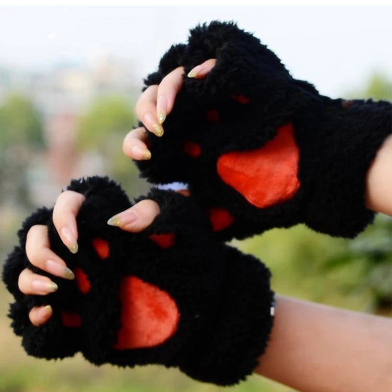 Winter Cat Paw Gloves – Cute Cartoon Open-Finger Design, Thickened Fluffy Bear Paw Half Gloves for Girls, Warm and Cozy