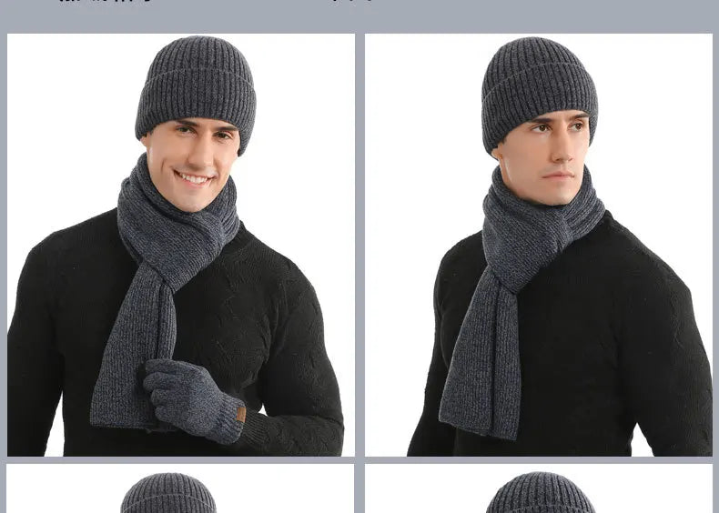 Men's Autumn Winter Keep Warm Set Beanie Gloves Scarf Male Woolen Yarn Knitted Muffler Spring Fall Hat Solid Color Neckerchief