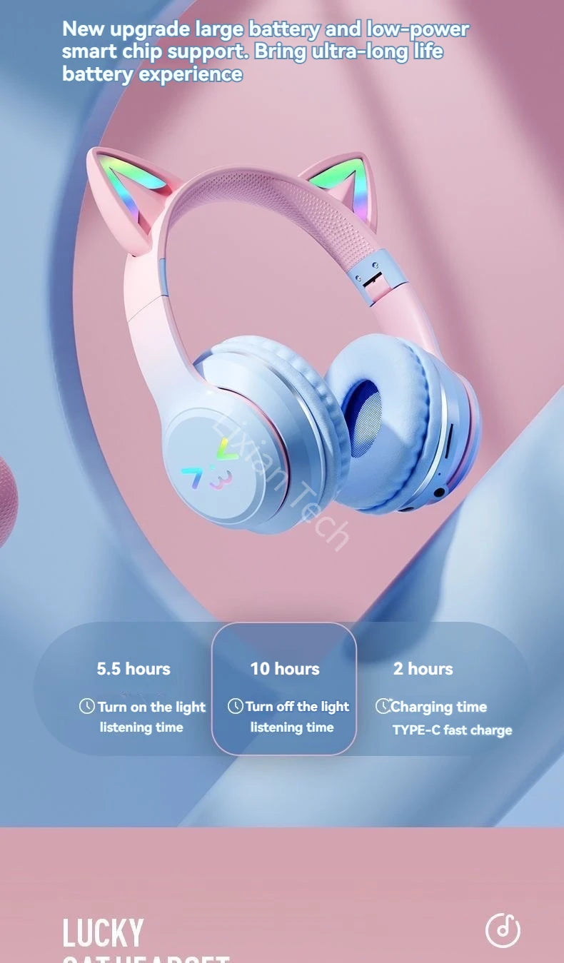 RGB Glow Portable Headphones Blutooth Controllable Light Cat Ear Noise Reduction Wireless Headphone Bluetooth Earphones Pc Gamer