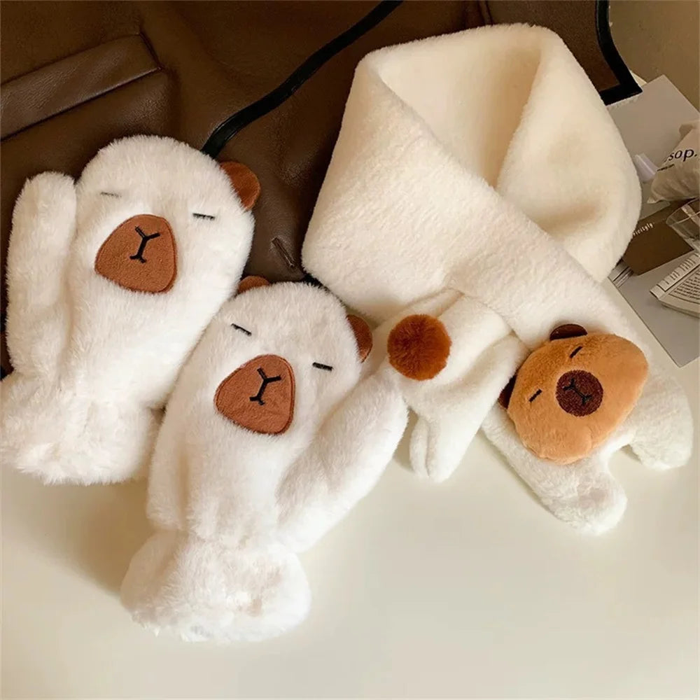 Women Girls Capybara Plush Gloves Fashion Cycling Neck Warmers Neck Scarf Windproof Mittens  Driving Running Accessories