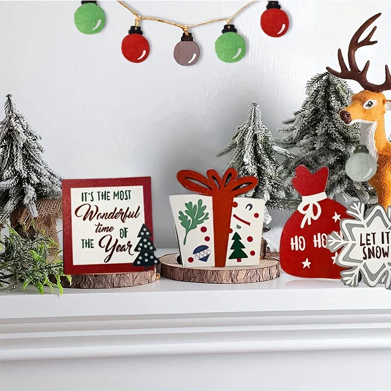 Christmas Tiered Tray Set – Wooden Farmhouse Decor with Bell, Coffee Cup, Snowflake Cookie, and Wooden Signs for Festive Holiday Styling