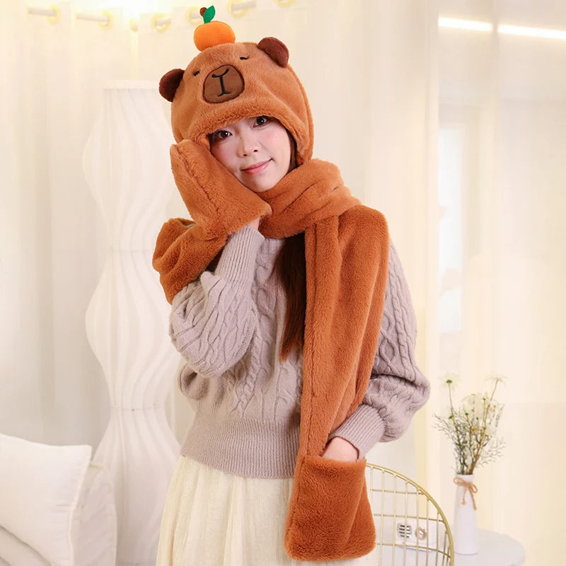 Cartoon High Quality New Capybara Plush Hat Scarf Gloves 3-in-1 Elk Creative Super Soft Warm Christmas Gift For Boys And Girls