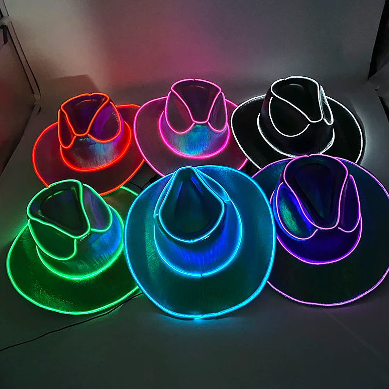 Hot Cowgirl Hat Men and Women's EL Wire Glow Cowboy Hat Wedding Party Supplies Glowing Jazz Hat Stage Shining Caps Photo Props