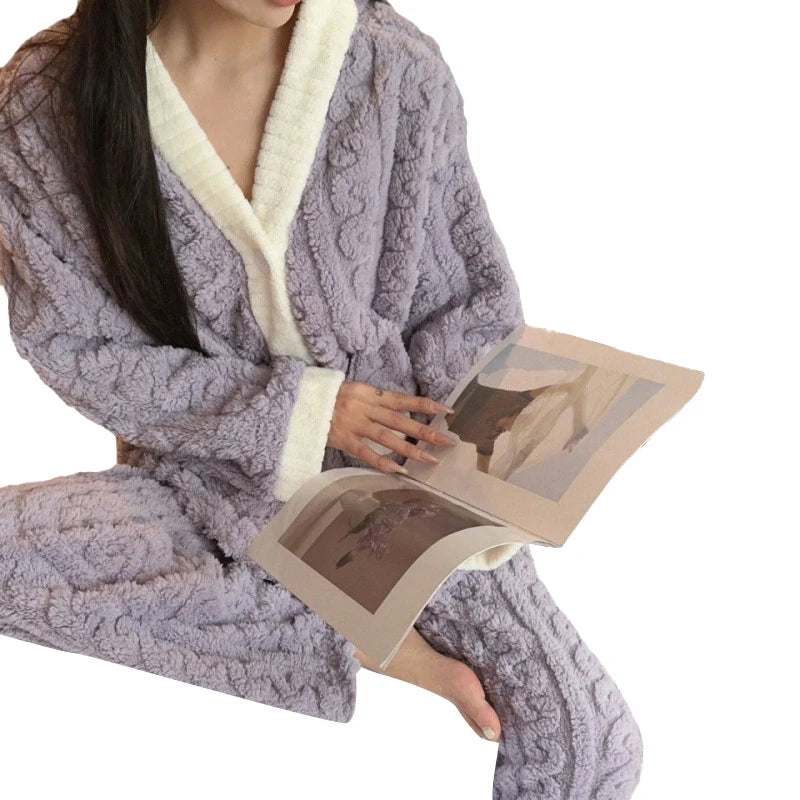 2Pcs/Set Women Warm Loungewear Set Autumn Winter Thickened Plush Thermal Pajamas Set Coral Fleece Homewear Set